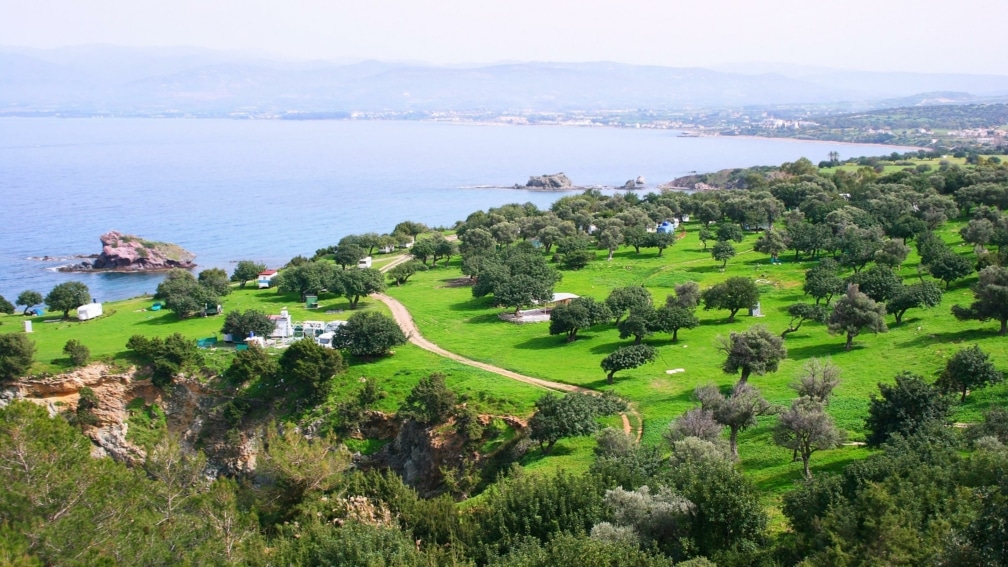 Grassy land, with trees and some villas. The sea is in the background.