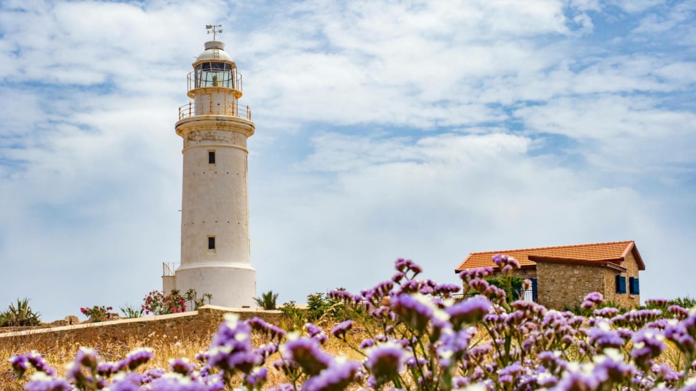 A lighthouse with blue sky in the background, and purple flowers in the foreground.