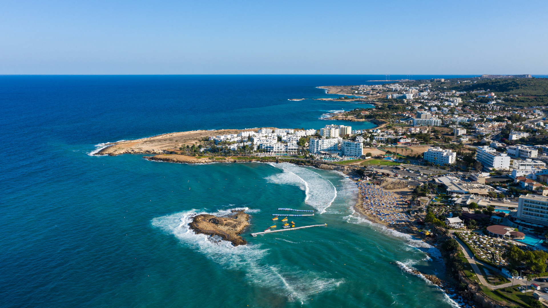 Landscape view of the sea, surrounded by the island of Cyprus.