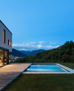 Evening view of the garden and pool at one of our Ezoria villas in Cyprus