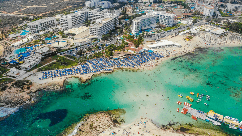 high angle photo of Cyprus, including the sea, beach and buildings